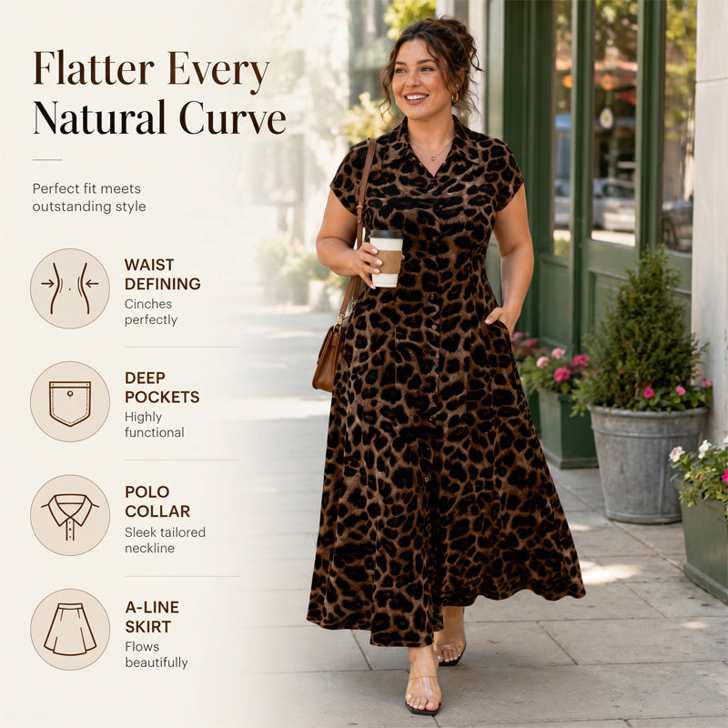 👗 50% RABATT NU! 🐆 Damernas Eleganta Leopardmönstrad Klänning med Slag – Chic, Smickrande & Djärv Stil 🥂