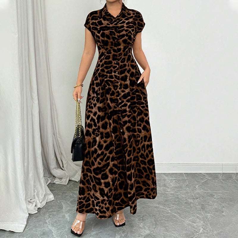 👗 50% RABATT NU! 🐆 Damernas Eleganta Leopardmönstrad Klänning med Slag – Chic, Smickrande & Djärv Stil 🥂