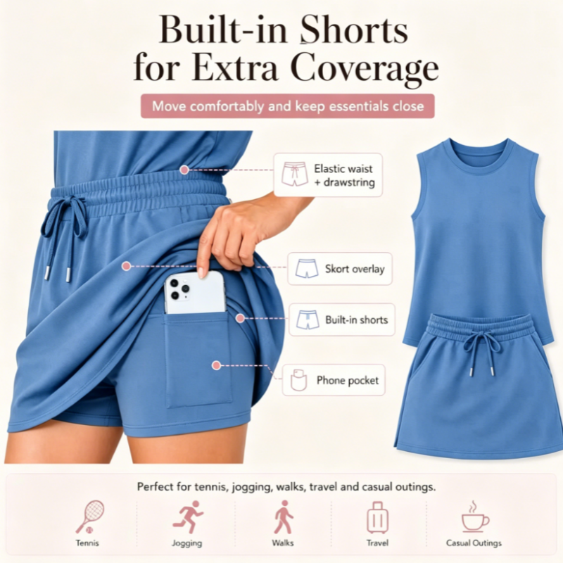 👚 50 % RABATT NU! 👗 Set med ärmlös linne och skort för damer – Inbyggda shorts, andningsbart och luftigt – Perfekt för tennis, golf eller avslappnade sommardagar – Sportigt och elegant set i två delar 🎾