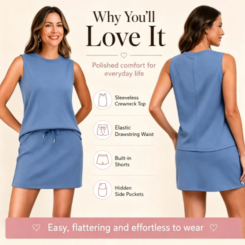 👚 50 % RABATT NU! 👗 Set med ärmlös linne och skort för damer – Inbyggda shorts, andningsbart och luftigt – Perfekt för tennis, golf eller avslappnade sommardagar – Sportigt och elegant set i två delar 🎾