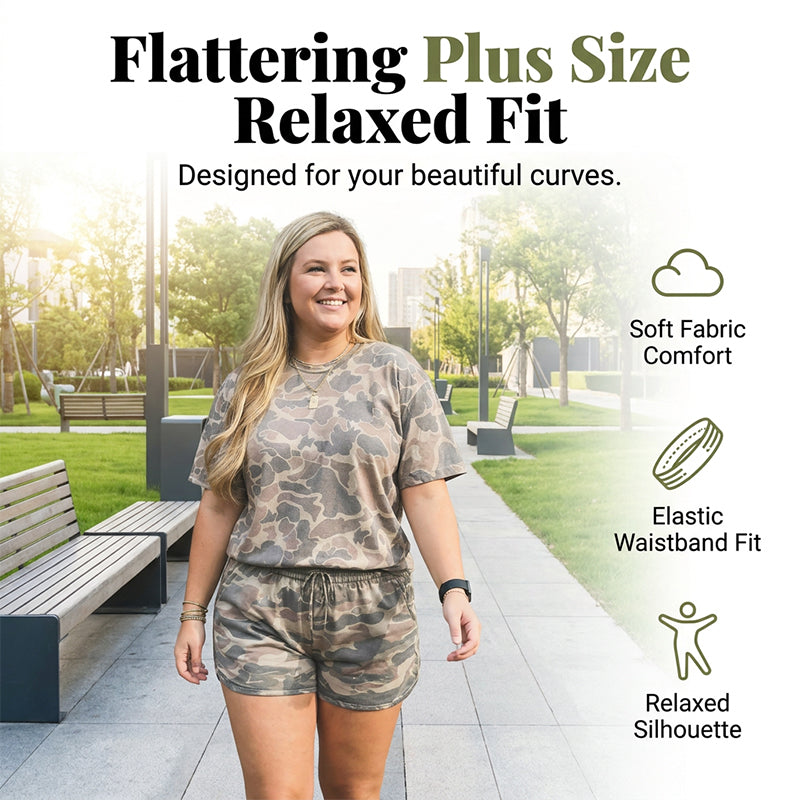 Set med topp och shorts i kamouflage i stora storlekar 🌿 Ledig passform, mjukt tyg – enkelt, snyggt & redo för äventyr ✨