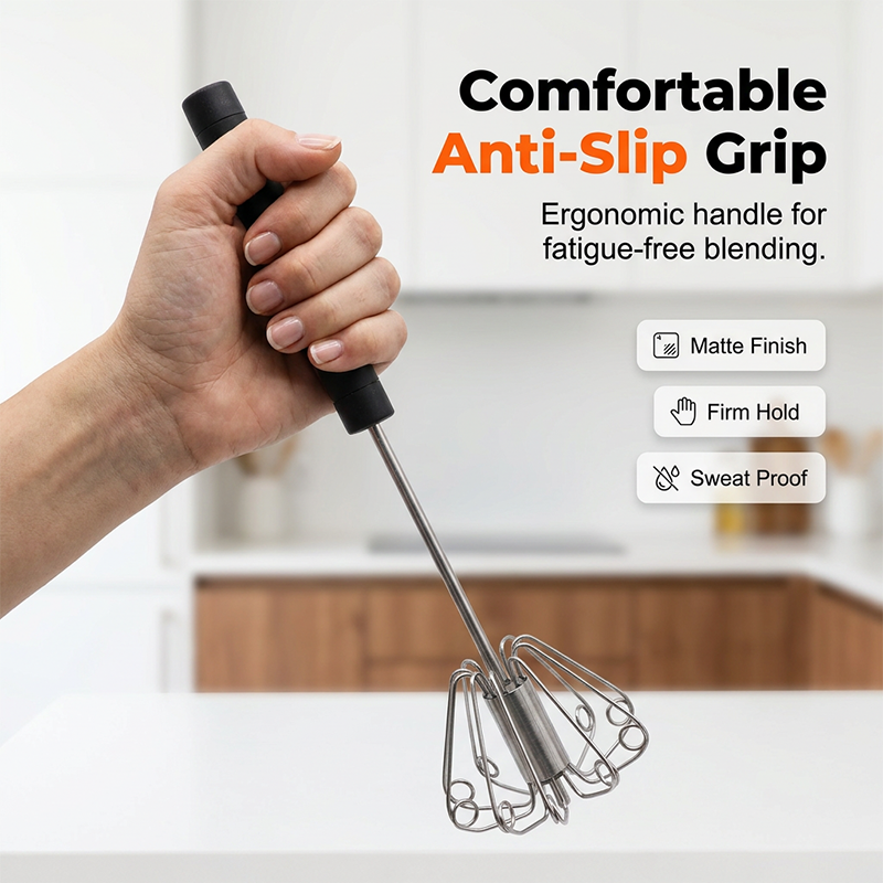 Halvautomatisk handvisp i rostfritt stål – tryck för att vispa, snabb & ergonomisk🥚