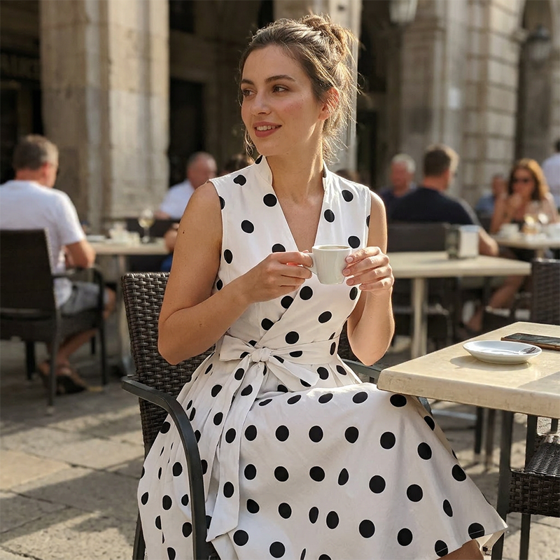 👗 50% RABATT NU! ⏰ Dam Prickig Ärmlös V-ringad Klänning – Luftig & lättviktig – Perfekt för sommar, brunch eller stranddagar – lekfull och chic 🎠
