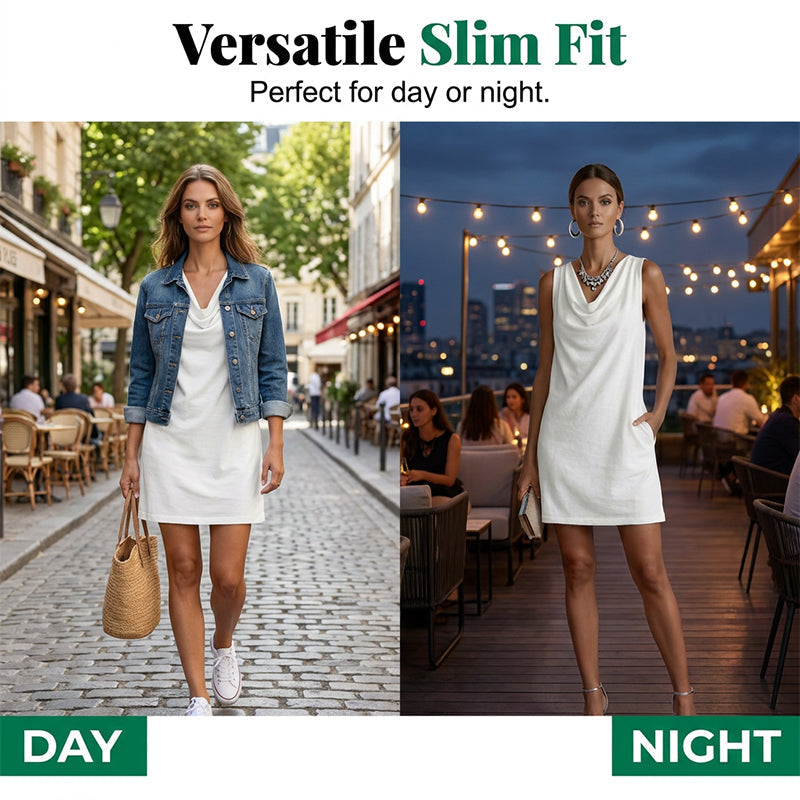 👗 LIMITED-TIME 50% OFF! 💥 Elegant Slim Fit Cowl Neck Dress – Sleeveless, Side Pockets, Versatile ✨