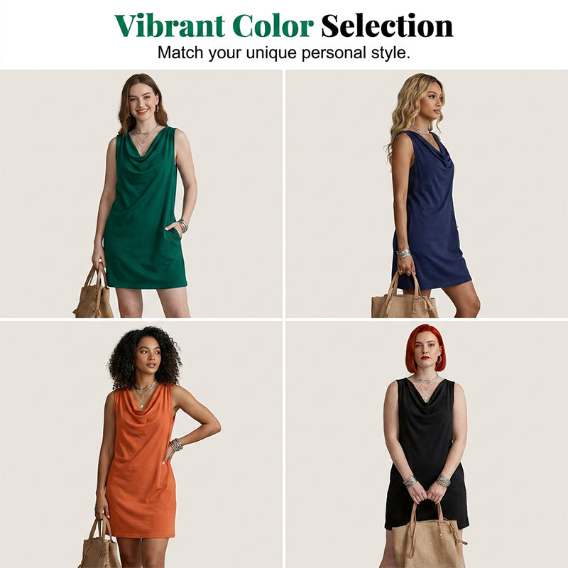 👗 LIMITED-TIME 50% OFF! 💥 Elegant Slim Fit Cowl Neck Dress – Sleeveless, Side Pockets, Versatile ✨