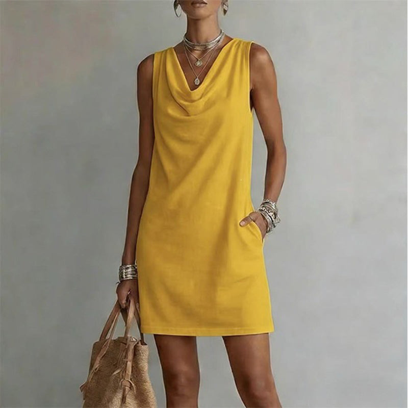 👗 LIMITED-TIME 50% OFF! 💥 Elegant Slim Fit Cowl Neck Dress – Sleeveless, Side Pockets, Versatile ✨
