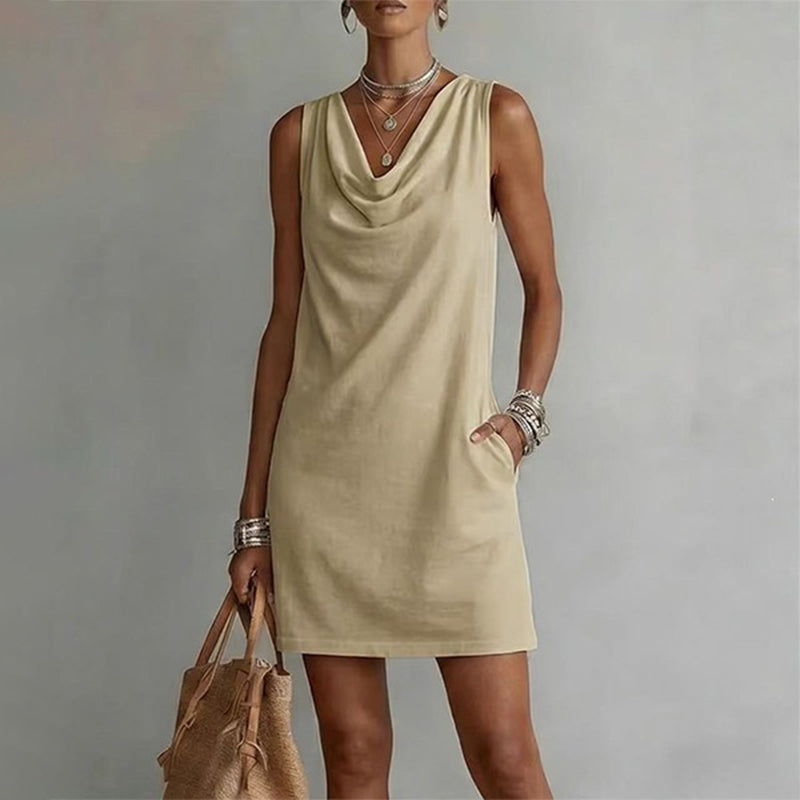 👗 LIMITED-TIME 50% OFF! 💥 Elegant Slim Fit Cowl Neck Dress – Sleeveless, Side Pockets, Versatile ✨