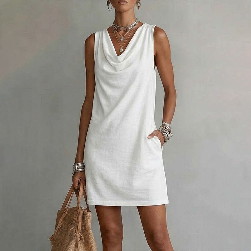 👗 LIMITED-TIME 50% OFF! 💥 Elegant Slim Fit Cowl Neck Dress – Sleeveless, Side Pockets, Versatile ✨