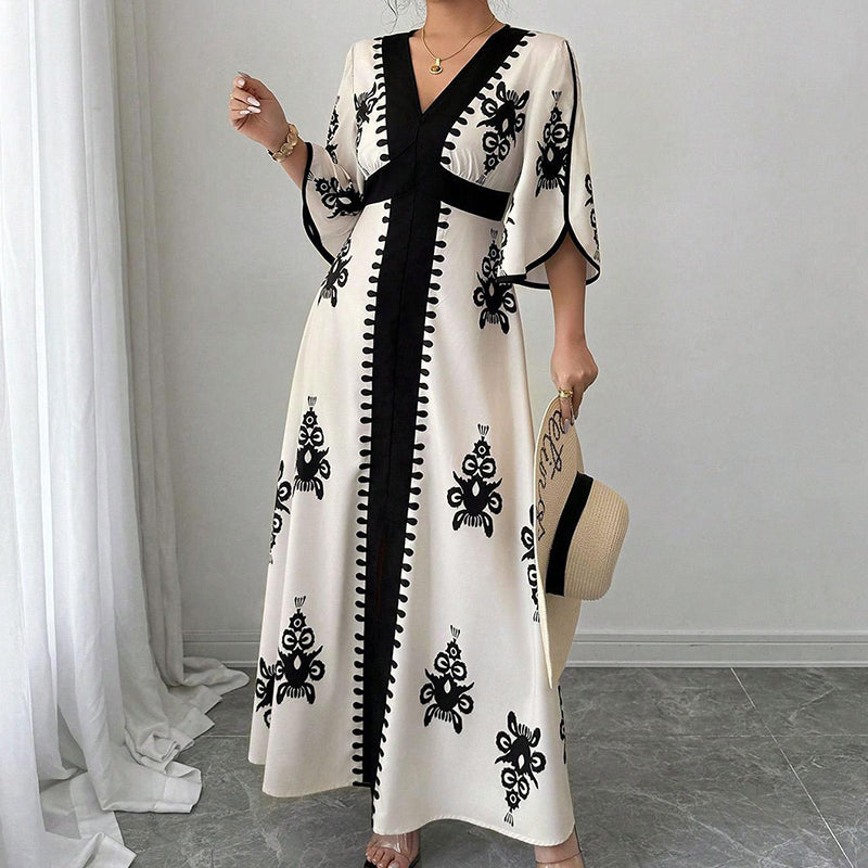 👗 50% RABATT! 🌸 Elegant maxiklänning med V-ringning & mönster för damer – Flödande & lätt – Perfekt för sommar, bröllop eller romantiska kvällar – stilren och bekväm ✨🌿