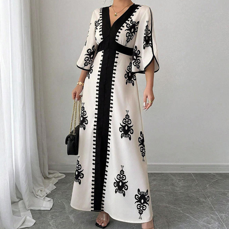 👗 50% RABATT! 🌸 Elegant maxiklänning med V-ringning & mönster för damer – Flödande & lätt – Perfekt för sommar, bröllop eller romantiska kvällar – stilren och bekväm ✨🌿