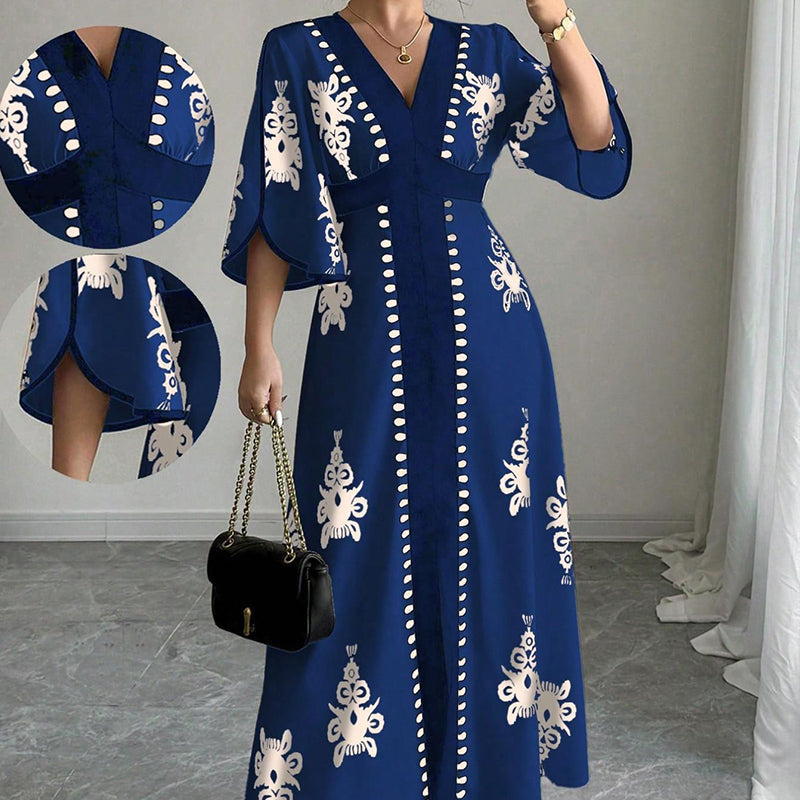 👗 50% RABATT! 🌸 Elegant maxiklänning med V-ringning & mönster för damer – Flödande & lätt – Perfekt för sommar, bröllop eller romantiska kvällar – stilren och bekväm ✨🌿