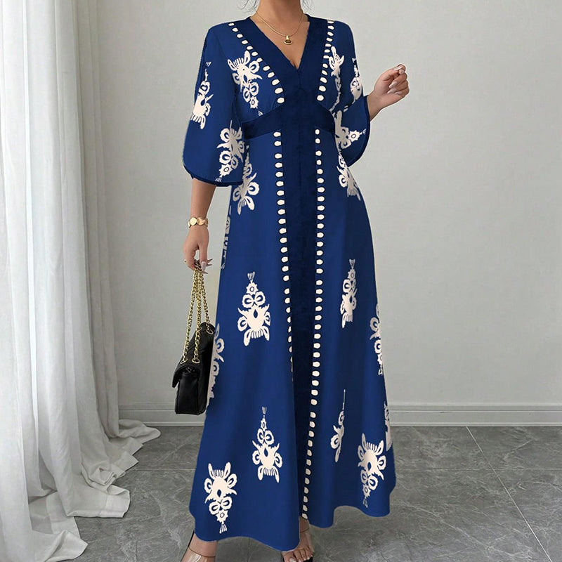 👗 50% RABATT! 🌸 Elegant maxiklänning med V-ringning & mönster för damer – Flödande & lätt – Perfekt för sommar, bröllop eller romantiska kvällar – stilren och bekväm ✨🌿