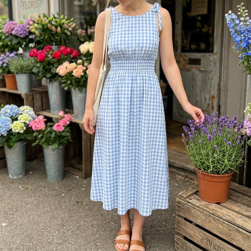👗🌸 Rutig smockad maxiklänning