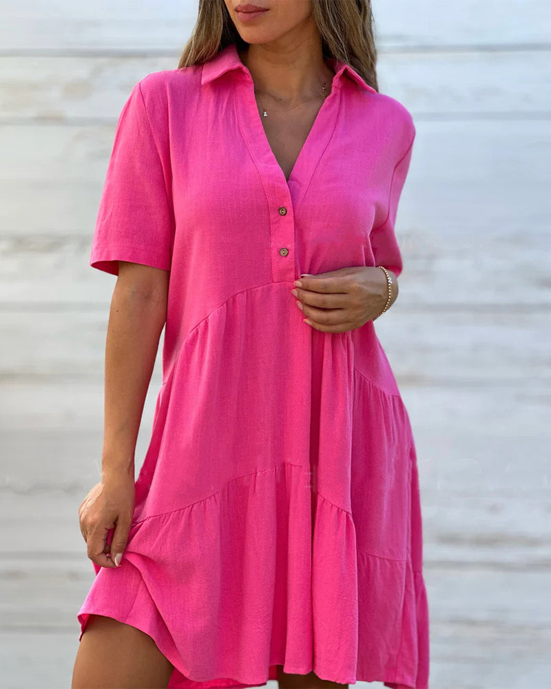👗 50% RABATT NU! ✨ Solid Färg Komfort Kavaj Knapp Klänning – A-linje & Bomull/Linne – Perfekt för Dagligt Bruk 🌸