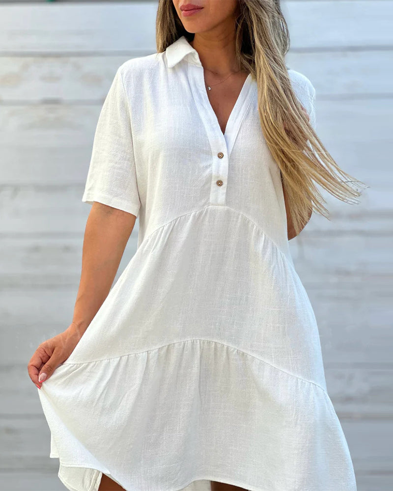👗 50% RABATT NU! ✨ Solid Färg Komfort Kavaj Knapp Klänning – A-linje & Bomull/Linne – Perfekt för Dagligt Bruk 🌸