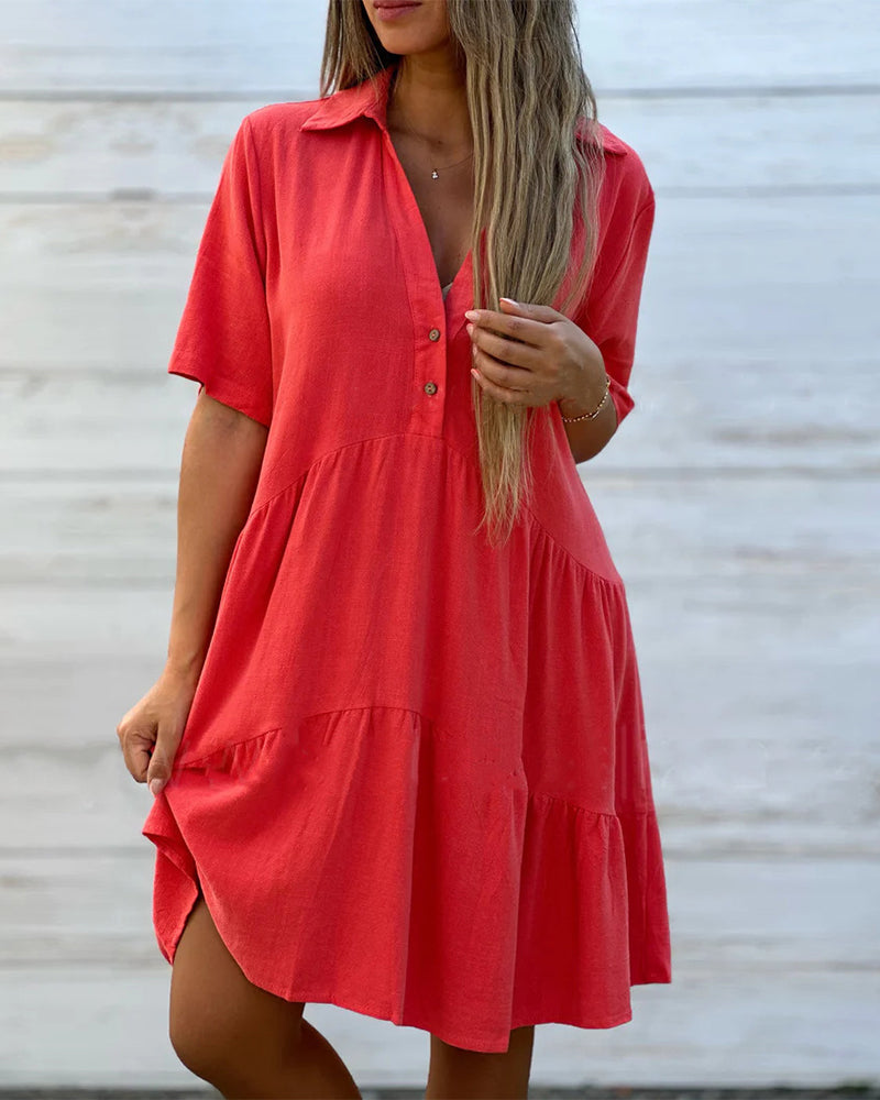👗 50% RABATT NU! ✨ Solid Färg Komfort Kavaj Knapp Klänning – A-linje & Bomull/Linne – Perfekt för Dagligt Bruk 🌸