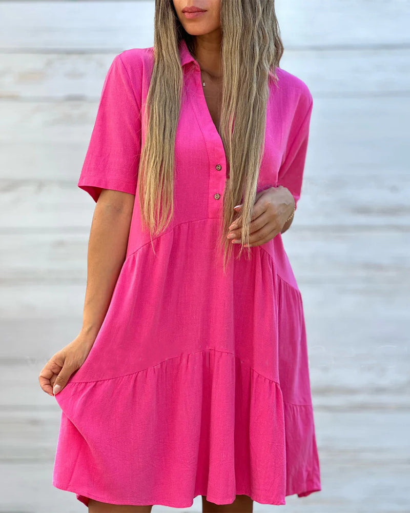 👗 50% RABATT NU! ✨ Solid Färg Komfort Kavaj Knapp Klänning – A-linje & Bomull/Linne – Perfekt för Dagligt Bruk 🌸