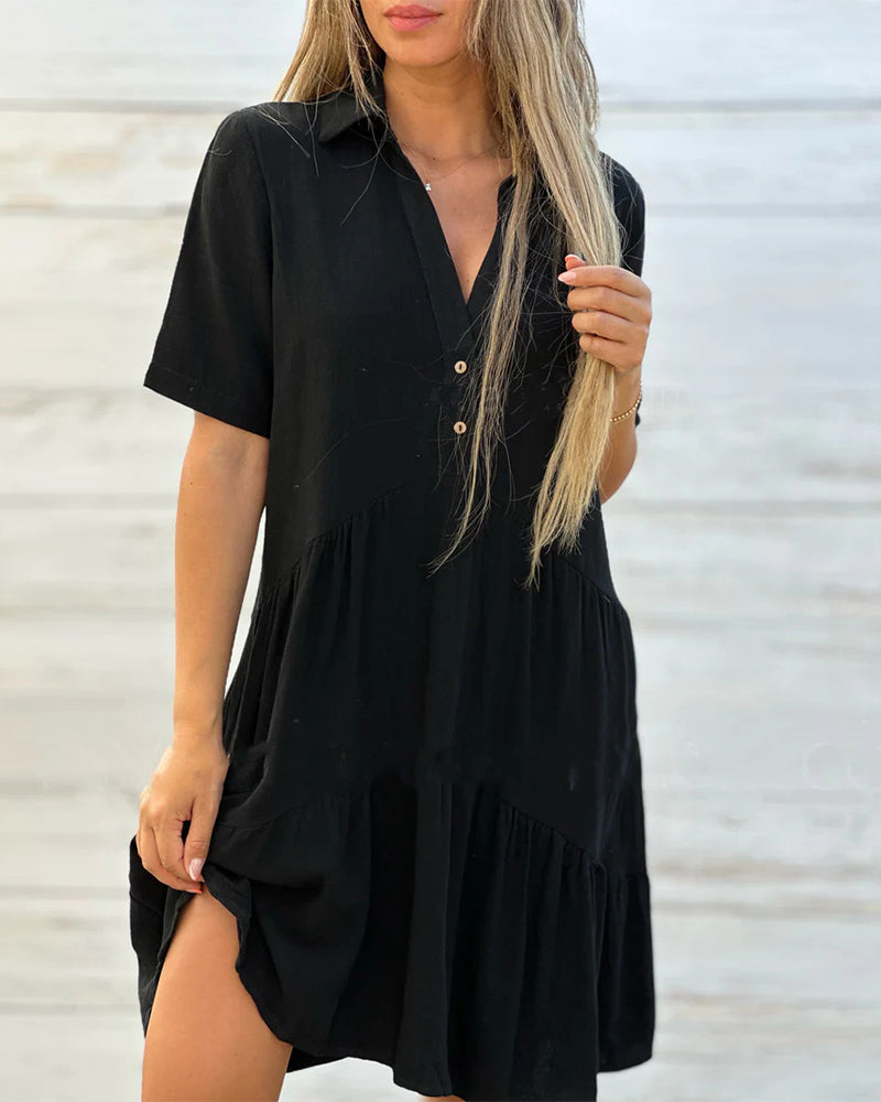 👗 50% RABATT NU! ✨ Solid Färg Komfort Kavaj Knapp Klänning – A-linje & Bomull/Linne – Perfekt för Dagligt Bruk 🌸