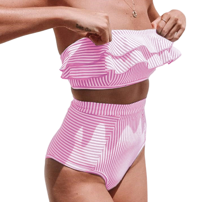 🌸 Dam baddräkt med hög midja & ränder – mjukt tyg, bra stöd & perfekt för både simning & solbad, en tidlös favorit 🕶️