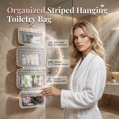 🗂️ Randig hängande reseväska för toalettartiklar – multifickor, genomskinliga fönster & perfekt för hela familjens hygienprodukter, enkel att packa & hitta 🧴