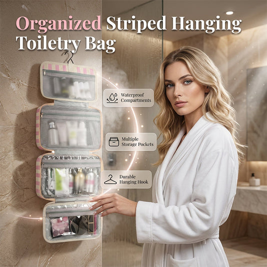 🗂️ Randig hängande reseväska för toalettartiklar – multifickor, genomskinliga fönster & perfekt för hela familjens hygienprodukter, enkel att packa & hitta 🧴