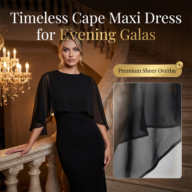 🔥 Så länge lagret räcker – 50 % RABATT! Aftonklänning med cape – flödande overlay, smickrande passform & perfekt för gala, bal & finmiddag 💎