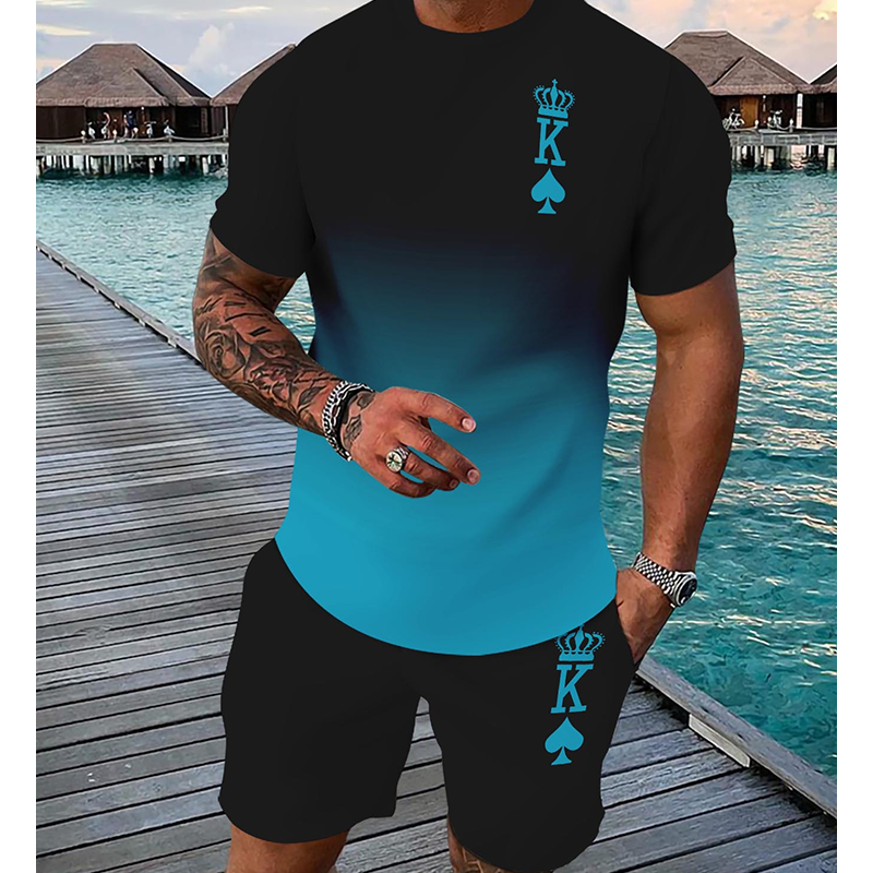 3D-T-shirt och shorts i gradientmönster för herrar – en avslappnad sommaroutfit i två delar