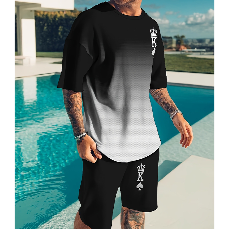 3D-T-shirt och shorts i gradientmönster för herrar – en avslappnad sommaroutfit i två delar