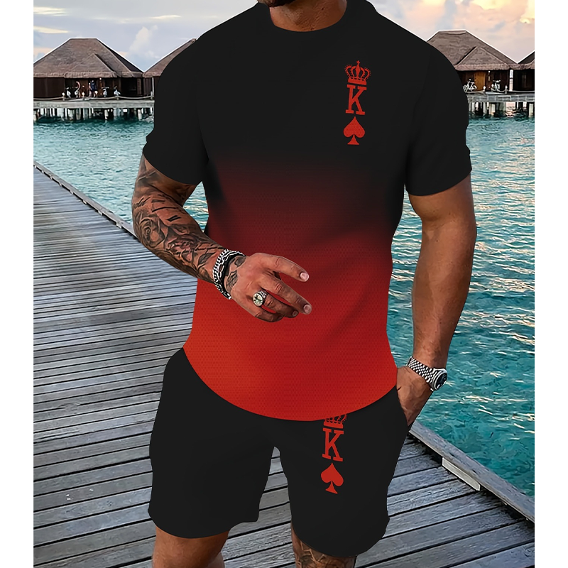 3D-T-shirt och shorts i gradientmönster för herrar – en avslappnad sommaroutfit i två delar
