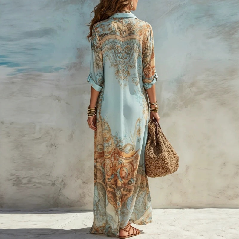 ✨ Exklusivt – 50 % RABATT! 👗 Elegant boho-klänning med knäppning – retro-mönster, flödande siluett & perfekt för fest, semester & vardag 🌿