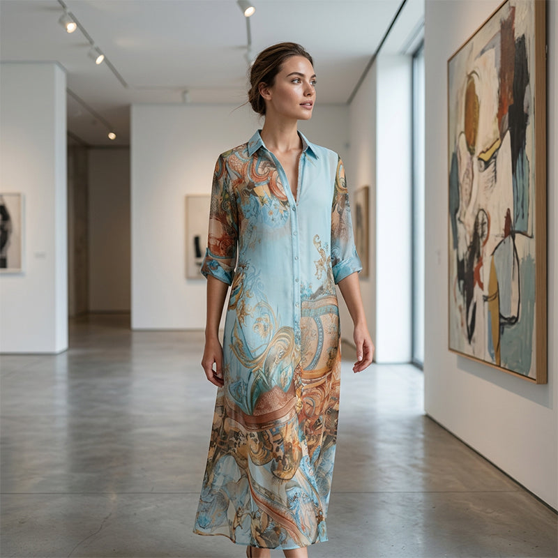 ✨ Exklusivt – 50 % RABATT! 👗 Elegant boho-klänning med knäppning – retro-mönster, flödande siluett & perfekt för fest, semester & vardag 🌿