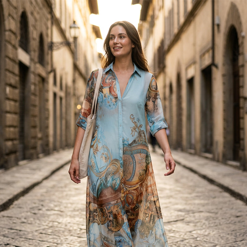✨ Exklusivt – 50 % RABATT! 👗 Elegant boho-klänning med knäppning – retro-mönster, flödande siluett & perfekt för fest, semester & vardag 🌿