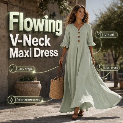 👗 50% RABATT NU! ✨ Maxiklänning med V-ringning – Ledig Passform & Flödande Fall – Perfekt för Dag till Kväll 🌸