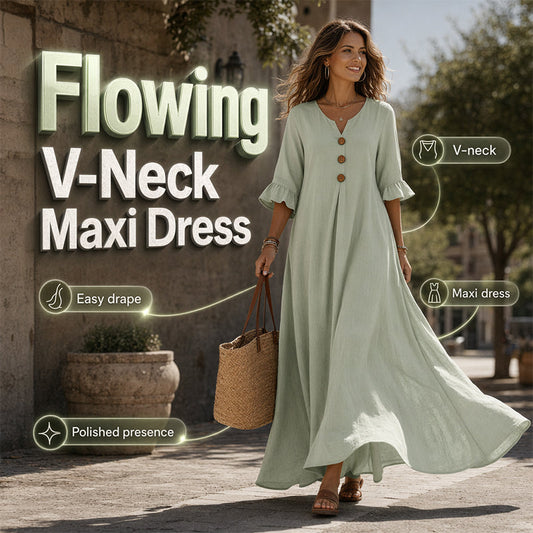 👗 50% RABATT NU! ✨ Maxiklänning med V-ringning – Ledig Passform & Flödande Fall – Perfekt för Dag till Kväll 🌸