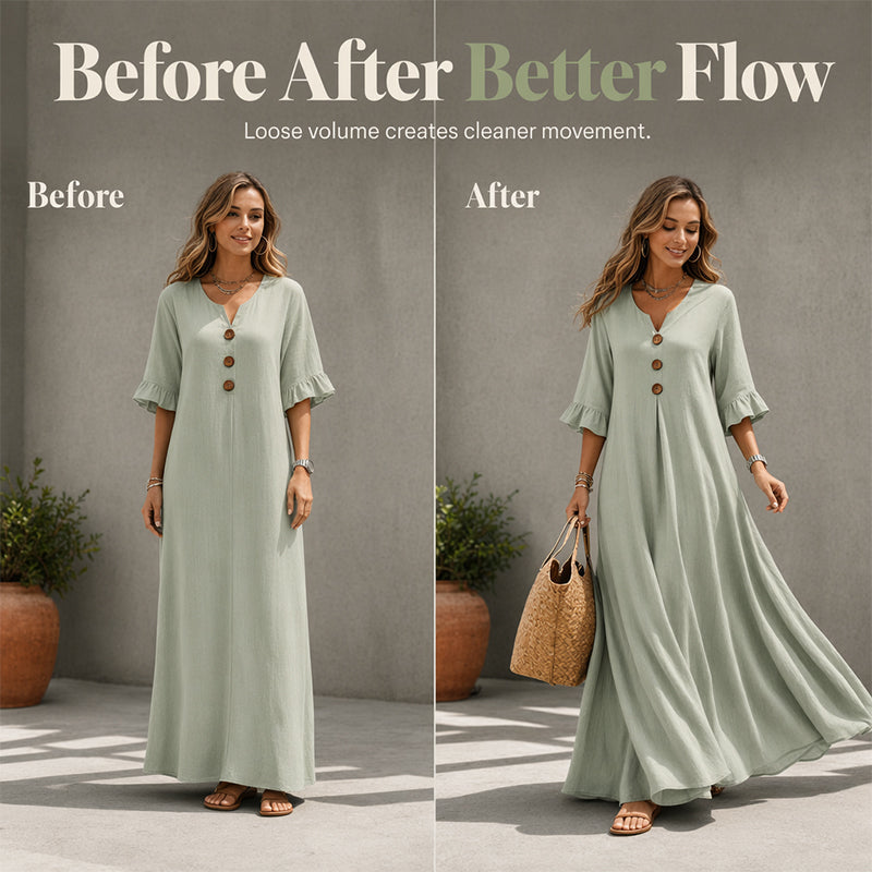 👗 50% RABATT NU! ✨ Maxiklänning med V-ringning – Ledig Passform & Flödande Fall – Perfekt för Dag till Kväll 🌸