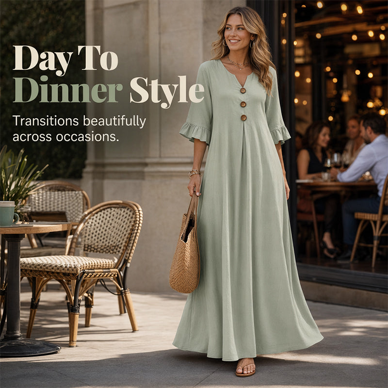 👗 50% RABATT NU! ✨ Maxiklänning med V-ringning – Ledig Passform & Flödande Fall – Perfekt för Dag till Kväll 🌸
