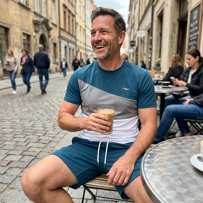 📢📢 50 % RABATT!! ⏰ Herr andningsbart färgblock-set – T-shirt & shorts, svalt & bekvämt, perfekt för varma dagar & semester 🌊