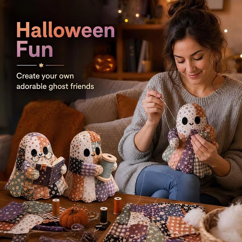 🔥SISTA DAGEN – 50 % RABATT🧵Little Ghosts mysiga Halloween-patchwork-kit att göra själv