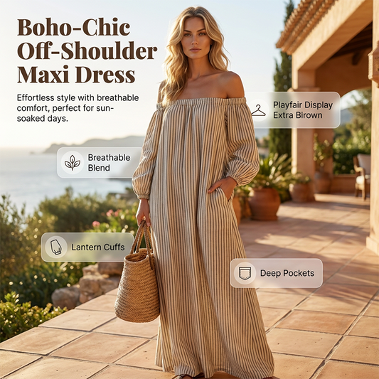 💃 Off-shoulder långklänning med lanternärmar – framhäver axlarna, döljer överarmarna & smickrar figuren, romantisk & chic 🌸