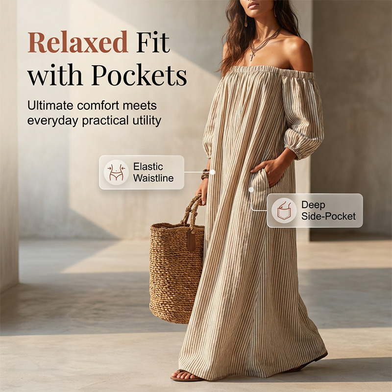 💃 Off-shoulder långklänning med lanternärmar – framhäver axlarna, döljer överarmarna & smickrar figuren, romantisk & chic 🌸