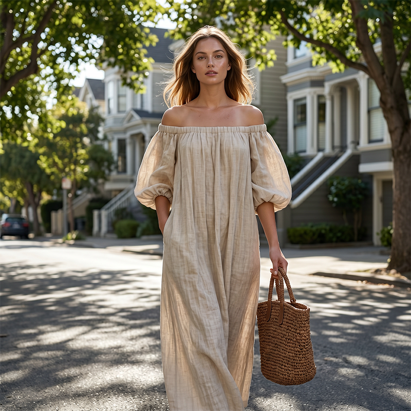 💃 Off-shoulder långklänning med lanternärmar – framhäver axlarna, döljer överarmarna & smickrar figuren, romantisk & chic 🌸