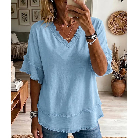 🌸 50% RABATT NU! 🌸Dam Avslappnad Kortärmad Topp med V-ringning