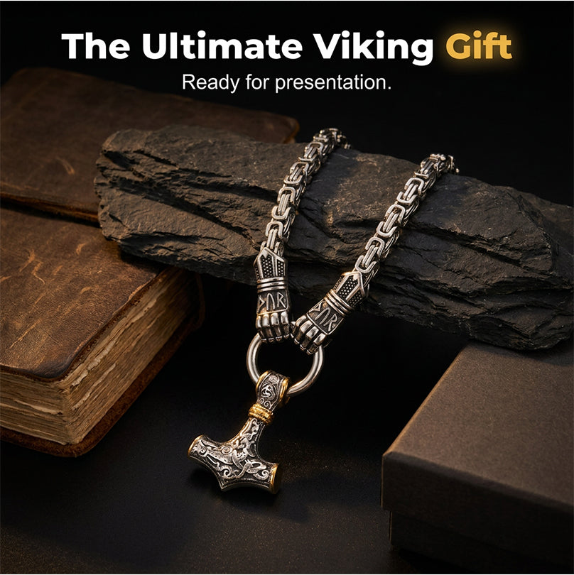 Viking Tors Hammare Hänghalsband i Rostfritt Stål med Bysantinsk Kedja