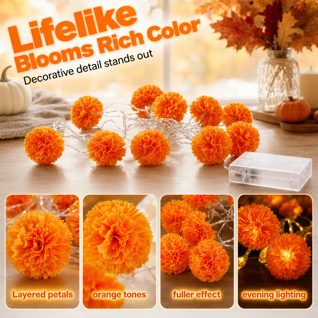 🔥🎁Nyhet 50 % RABATT🔥🎃✨ Halloween LED-Ljusslinga med Ringblommor – Skapa Magisk Höststämning Inomhus & Utomhus