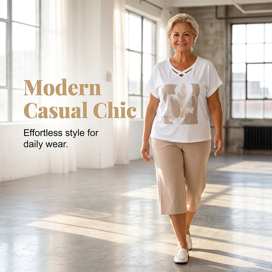 👗 50% RABATT NU! 🌿 Casual Tvådelat Set för Dam – V-ringad T-shirt & Croppad Byxa – Avslappnad Passform & Premium Hudvänligt Tyg – Perfekt för Vardag & Semester ☀️