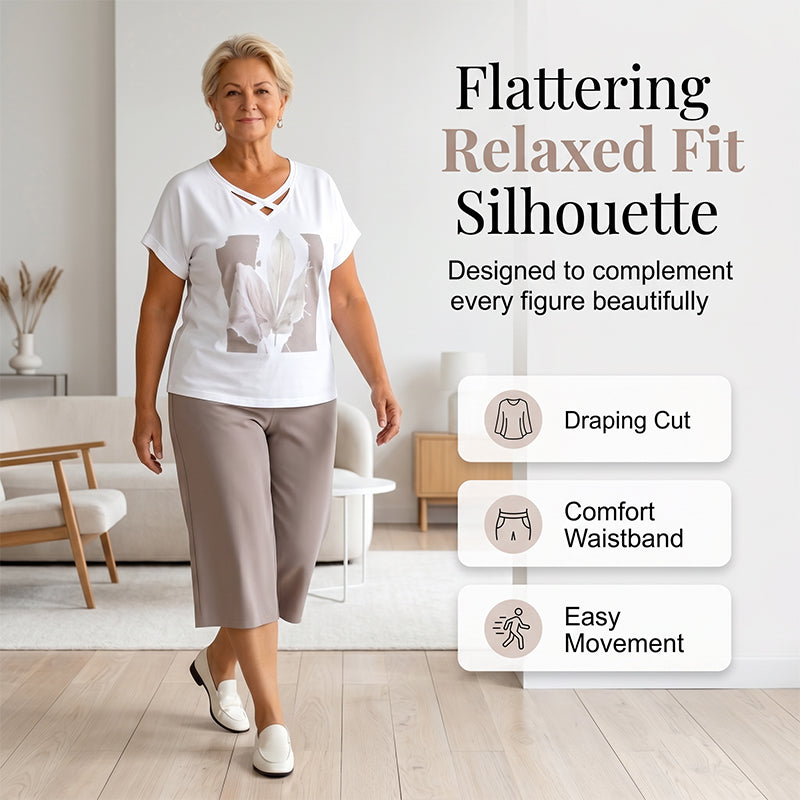 👗 50% RABATT NU! 🌿 Casual Tvådelat Set för Dam – V-ringad T-shirt & Croppad Byxa – Avslappnad Passform & Premium Hudvänligt Tyg – Perfekt för Vardag & Semester ☀️