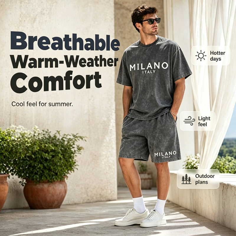 👕🩳 Set med T-shirt och shorts för män – 50 % rabatt! Avslappnad passform, andas bra, perfekt för sommardagar och avkoppling. 🔥☀️