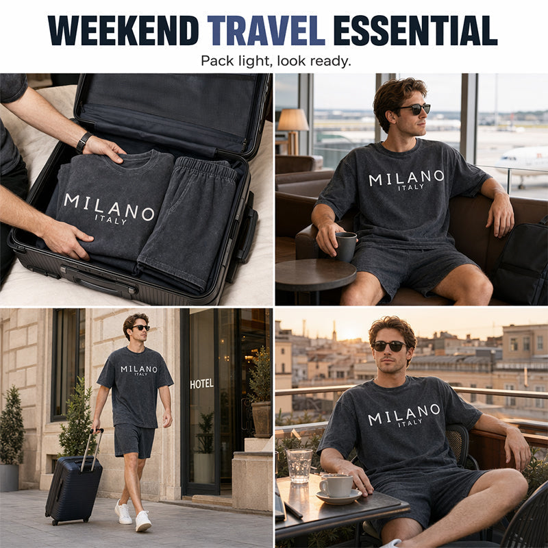👕🩳 Set med T-shirt och shorts för män – 50 % rabatt! Avslappnad passform, andas bra, perfekt för sommardagar och avkoppling. 🔥☀️
