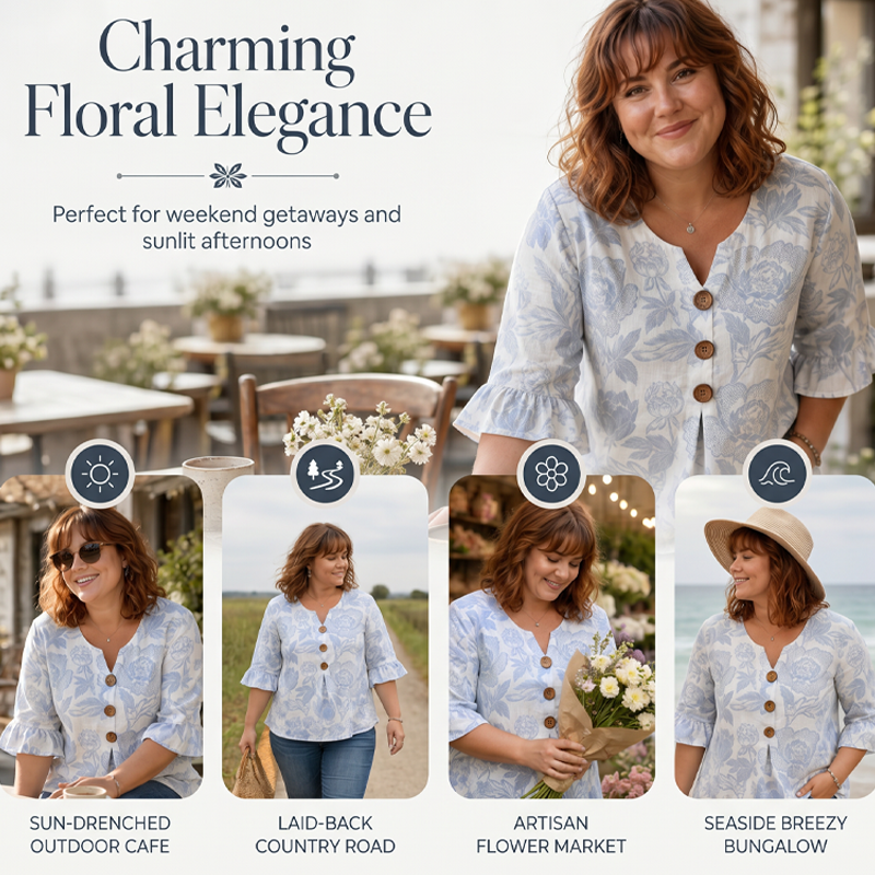 👚 Sommarblus för damer med blommönster och volangärmar — Lätt blus med V-ringning och kaskadvolanger