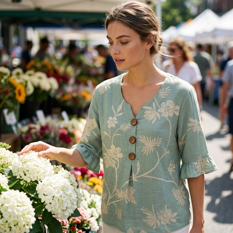 👚 Sommarblus för damer med blommönster och volangärmar — Lätt blus med V-ringning och kaskadvolanger